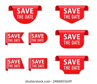 Collection Save The Date Label. Red ribbon tag banners set. Templates for promotions, special discount offers, new and large sale banners. Vector illustration