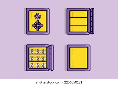 Colección de Save Vault Box con ilustración vectorial de puerta abierta y cerrada. Concepto de icono de objeto de finanzas comerciales. Caja de seguridad con diseño vectorial de dinero vacío, cerrado, al revés y lleno.