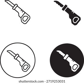 Colección de los iconos del cuchillo de bolsillo del icono de la sierra en diversos estilos aislados en el fondo blanco 