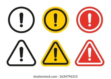 Collection of scalable cautionary symbols in black, yellow, and red. Exclamation mark icon set. Vector warning sign icon for safety hazard awareness.