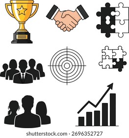 Uma coleção de gráficos vetoriais escaláveis com um troféu, apertos de mão e caligrafia árabe, ideal para simbolizar sucesso, parceria e temas culturais em projetos de design.