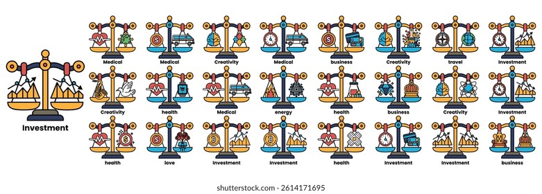 A collection of scales with different weights and items on them. The scales are labeled with the word "investment" and the items on the scales are labeled with different words