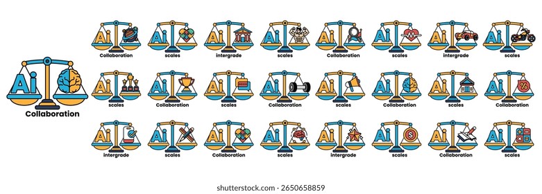 A collection of scales with different weights and objects on them. The scales are labeled with the word "collaboration" and the idea is that each scale represents a different aspect of collaboration
