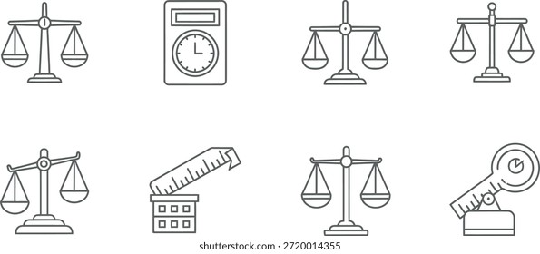 Coleção de balanças e instrumentos de medição para precisão e justiça