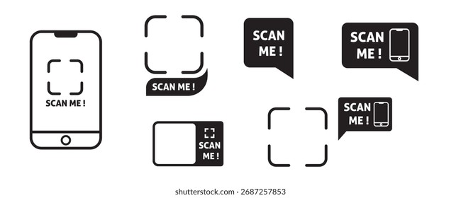 Sammlung von Scan Me! Vektorsymbole mit Smartphones, Sprechblasen und Frames für die QR-Codescannung.
