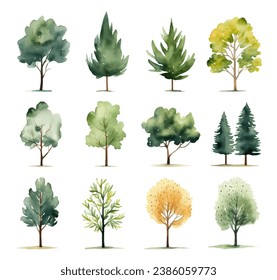 Collection of scandi watercolor trees. Cute abstract colored trees clipart. Trendy scandinavian vector plants.