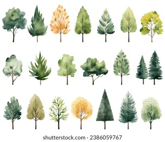 Collection of scandi watercolor trees. Trendy scandinavian vector plants. Cute abstract colored trees clipart. 