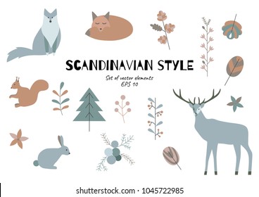 Collection of Scandinavian design elements. Vector illustration of animals- deer, arctic fox, squirrel, fox, hare, and plants. 