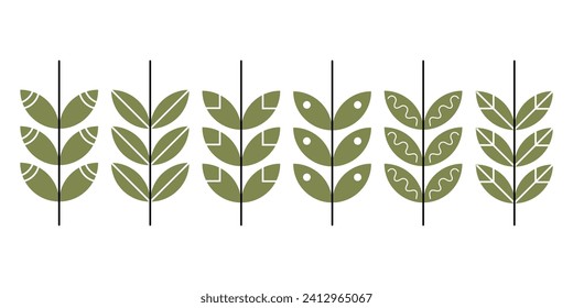 Collection of Scandinavian elements. Vector set. Folk plants in Nordic ethnic style, florals branches twigs isolated on white. Scandi folkloric botanical motif