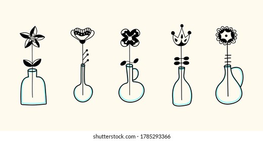 Collection of scandinavian flowers in glass vases and bottles. Vector botanical collection of doodle flowers in vases.