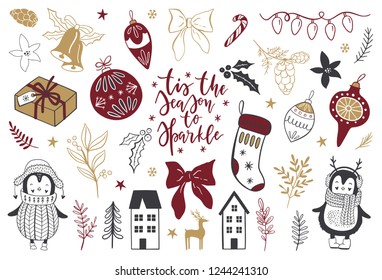 Collection of Scandinavian Merry Christmas And Happy New Year elements and lettering. Vector illustration.