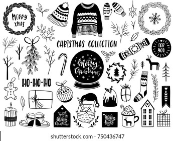 Collection of Scandinavian Merry Christmas And Happy New Year elements. Vector illustration.