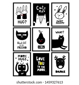 Collection of scandinavian posters for modern nursery decor. Set of wall art in black and white style.