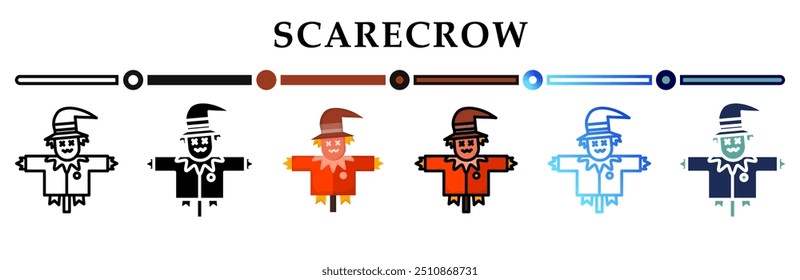 Collection of scarecrow icons in variety of styles. Representing halloween festive or spooky themes. Halloween sweets. Happy Halloween. 