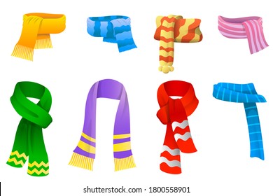 Collection of scarves for boys and girls in cold weather. Scarves set icons in cartoon style. Winter warming clothes. Vector illustration