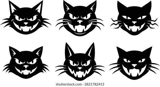 Collection of scary cat faces featuring a dark and menacing graphic art style silhouette