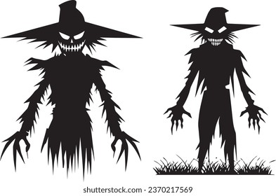 Colección de Scary Garden Scarecrow: Vector espeluznante de Halloween, conjunto aislado de iconos negros
