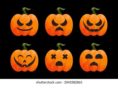 Collection of scary Halloween pumpkin with evil emoticon.