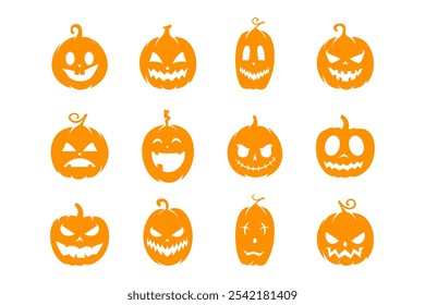 colección de Vectores de calabaza de Halloween de miedo en estilo plano naranja