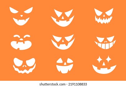 Collection of scary Halloween spooky pumpkin faces. Evil pumpkin eyes and mouths. Horror stencils of creepy pumpkin monsters. Spooky ghost emoticons isolated illustration set