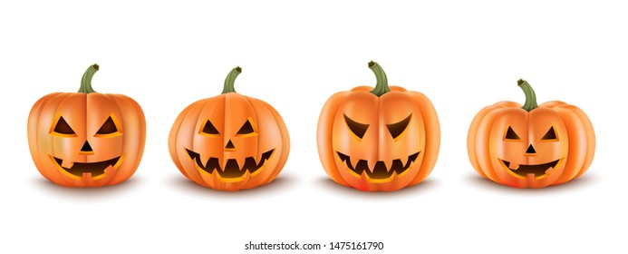 Collection scary pumpkins  for decoration halloween banners or web suit. 3d realistic style. Vector illustration