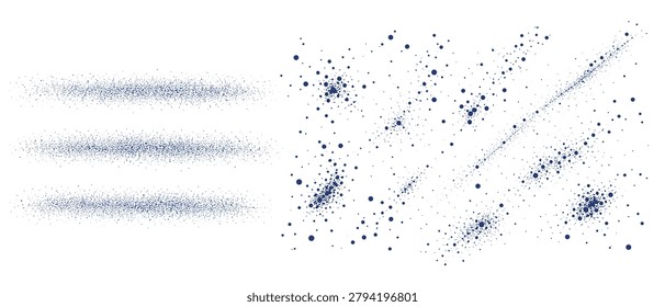 A collection of scattered blue dots and linear dust trails creating an abstract, energetic composition on a clean white backdrop