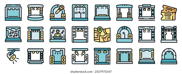 Collection of scene icons representing various stages equipped with lighting and sound systems, suitable for concerts, conferences, and theatre performances