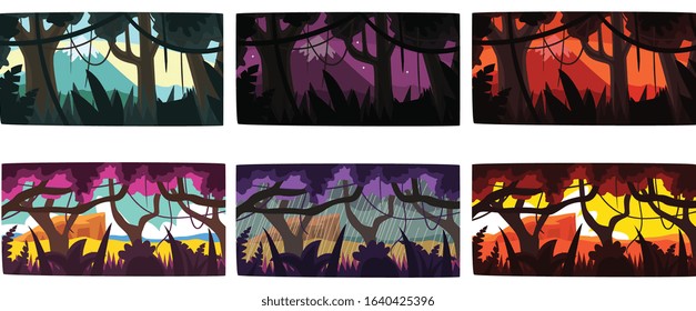 Collection of Scene of Nature in Different Time of Day, Beautiful Tropical Rainforest Horizontal Backdrops Vector Illustration