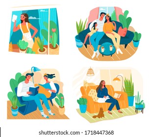 Collection scene with people, who stay at home, self-isolation during Covid19 Pandemic. People at relaxed pace, cleaning at home, reading the books, playing with cats. Cartoon Flat vector illustration