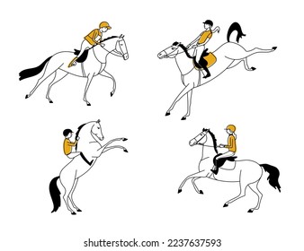 Collection of scenes cute riders and horses, vector illustration