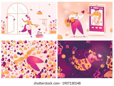 Collection of scenes dedicated to heart, love and social acceptance and woman trying to get some likes. Pink and yellow color palette