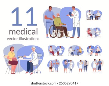 Colección de escenas con el doctor y el paciente. Diagnósticos médicos, consultas, tratamiento. Mejora de adultos y niños. Medicina familiar. Ilustración plana de dibujos animados de personajes de Vector.