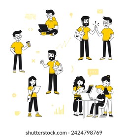 Collection of scenes with employees in corporate clothing according to the dress code. Relationships of business people. Isolated cartoon flat linear black and yellow illustration on white background