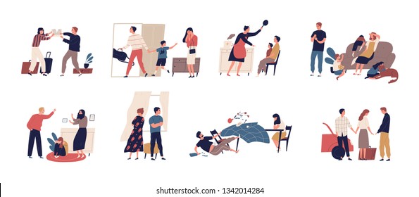 Collection of scenes of family conflict or relationship problem with unhappy married couples and children. Bundle of people breaking up, quarreling and fighting. Flat cartoon vector illustration.