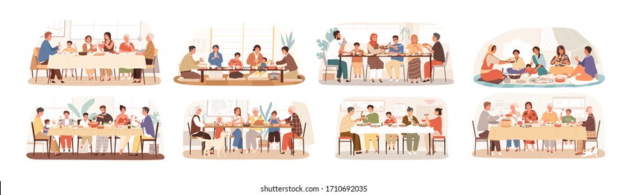 Collection of scenes with family at festive dinner. Children, parents and grandparents eating national dishes together. Holiday meal in various countries. Vector illustration in flat cartoon style