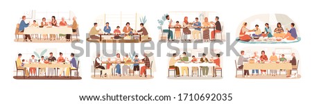 Collection of scenes with family at festive dinner. Children, parents and grandparents eating national dishes together. Holiday meal in various countries. Vector illustration in flat cartoon style