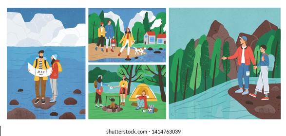Collection of scenes with friends hiking or backpacking in forest or woods at river or sea. Set of young tourists or backpackers on camping trip, adventure travel. Flat cartoon vector illustration.