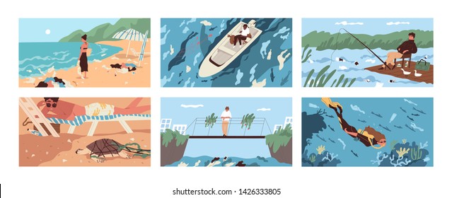 Collection of scenes with garbage and plastic debris floating in sea, ocean, lake or river or scattered along beach. Polluted water. Problem of marine pollution. Flat cartoon vector illustration.