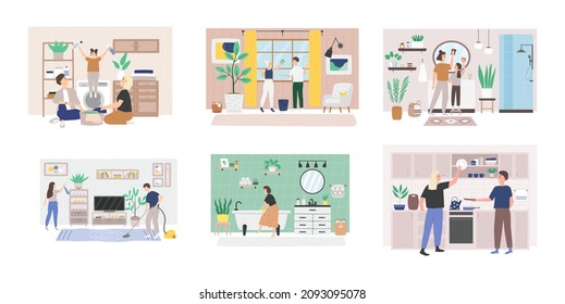 Collection of scenes with happy people doing housework. Parents with children, couple, woman,  washing bathroom, doing laundry, vacuum cleaning, washing dishes, washing window. Vector illustration 