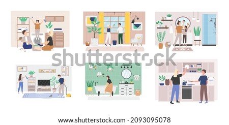 Collection of scenes with happy people doing housework. Parents with children, couple, woman,  washing bathroom, doing laundry, vacuum cleaning, washing dishes, washing window. Vector illustration 