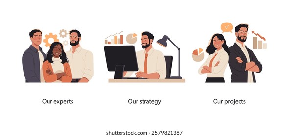 Collection of scenes highlighting teamwork, strategy, and project management. A group of experts collaborates in a professional environment, analyzing data, discussing strategy.