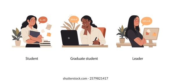 Collection of scenes illustrating the stages of personal and professional development. A student engaged in learning, a graduate student analyzing information.