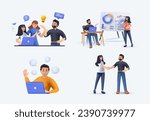 Collection of scenes at office, 3D illustrations set. Bundle of men and women taking part in business meeting, negotiation, brainstorming, talking to each other. Colorful vector illustration in 3D
