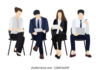 Collection of scenes at office. Bundle of men and women taking part in business meeting, negotiation, brainstorming, talking to each other. Colorful vector illustration in flat cartoon style.