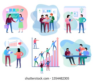 Collection of scenes at office. Bundle of men and women taking part in business meeting, negotiation, brainstorming, talking to each other. Colorful vector illustration in flat cartoon style. 