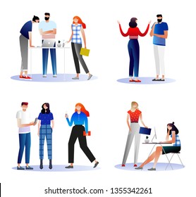 Colección de escenas en la oficina. Conjunto de hombres y mujeres que participan en reuniones de negocios, negociación, intercambio de ideas, conversación. Ilustración vectorial colorida en estilo de caricatura 3d.