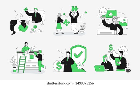 Collection of scenes at office. Bundle of men and women taking part in business meeting, negotiation, brainstorming, talking to each other. Outline vector illustration in cartoon style.