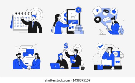 Collection of scenes at office. Bundle of men and women taking part in business meeting, negotiation, brainstorming, talking to each other. Outline vector illustration in cartoon style.