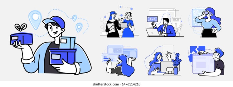 Collection of scenes at office. Bundle of men and women taking part in business meeting, negotiation, brainstorming, talking to each other. Outline vector illustration in cartoon style.