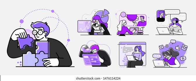 Collection of scenes at office. Bundle of men and women taking part in business meeting, negotiation, brainstorming, talking to each other. Outline vector illustration in cartoon style.